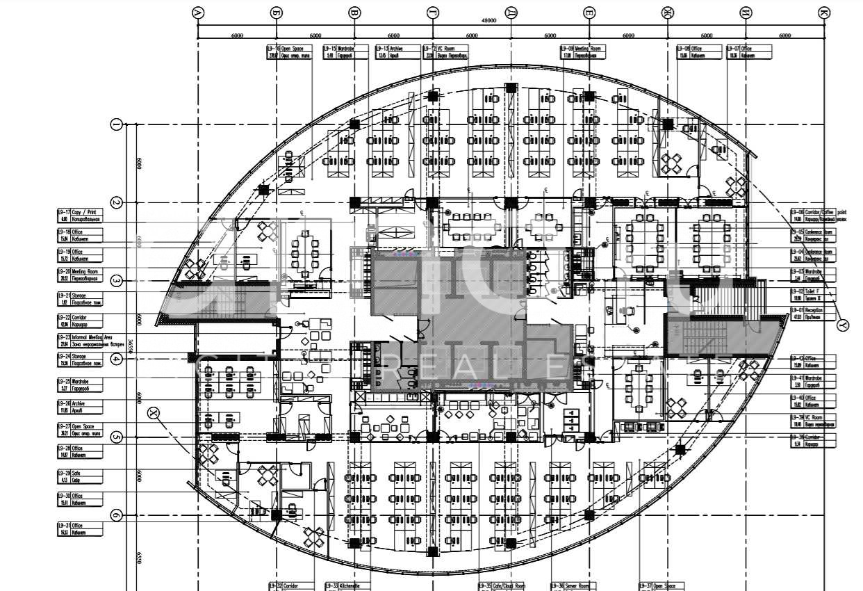 Планировка офиса 1217.2 м², 9 этаж, Бизнес-центр «Кантри Парк», Фаза III